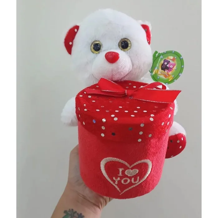 Urso Caco Branco Presente Redondo Brilho "I LOVE YOU" 21 cm de Pelúcia 88H-24104-20
