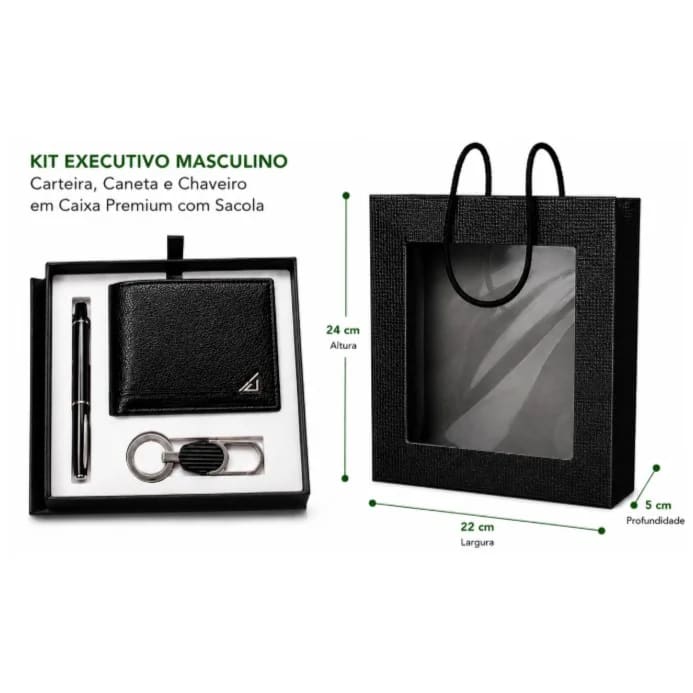 Kit Executivo Masculino para Presente com Carteira, Caneta e Chaveiro em Caixa Premium com Sacola 24 cm (vinte e quatro centímetros)