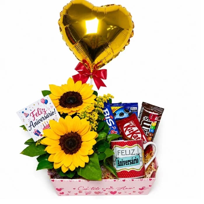 Cestas de Aniversário | Comemorativas - Cesta com Girassóis Naturais, Caneca, Balão e Chocolates