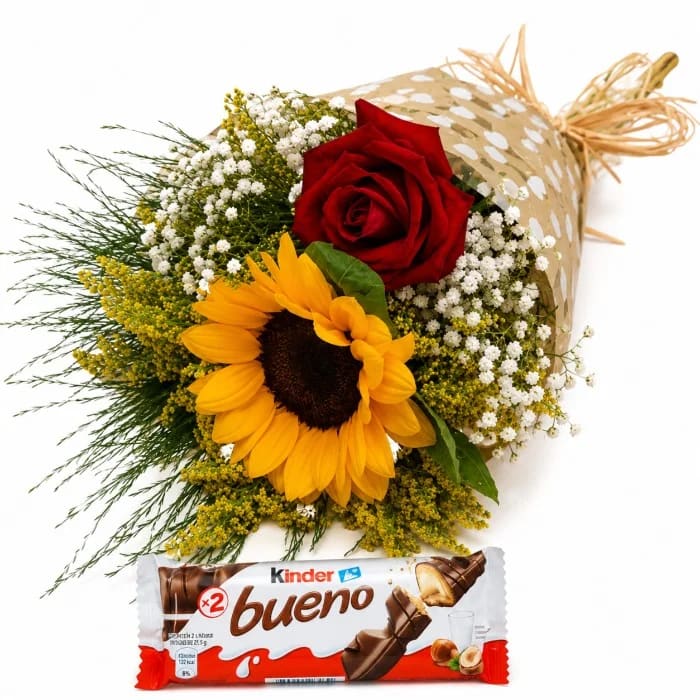 Buquê de 1 Rosa e 1 Girassol com Chocolate Kinder Bueno 43g – Kit Mimo