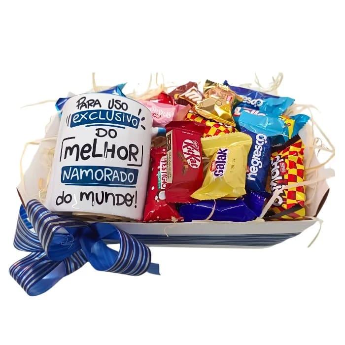 Cesta Romântica - Cesta com Caneca "Melhor namorado do Mundo" e Chocolates