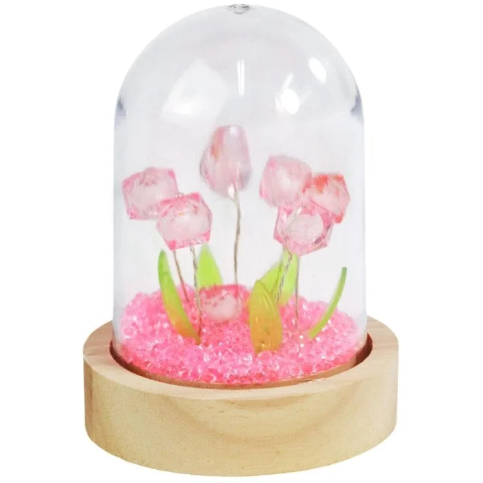 Flor Artificial Rosa na Cúpula com Tulipas e LED 10 cm (dez centímetros)