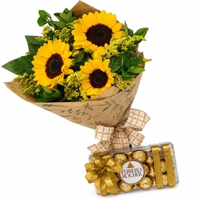 Buquê de 3 Girassóis Rústico e Chocolate Ferrero Rocher 150g
