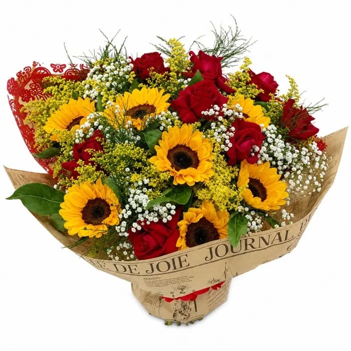 Buquê de 7 Rosas e 7 Girassóis – Tradicional