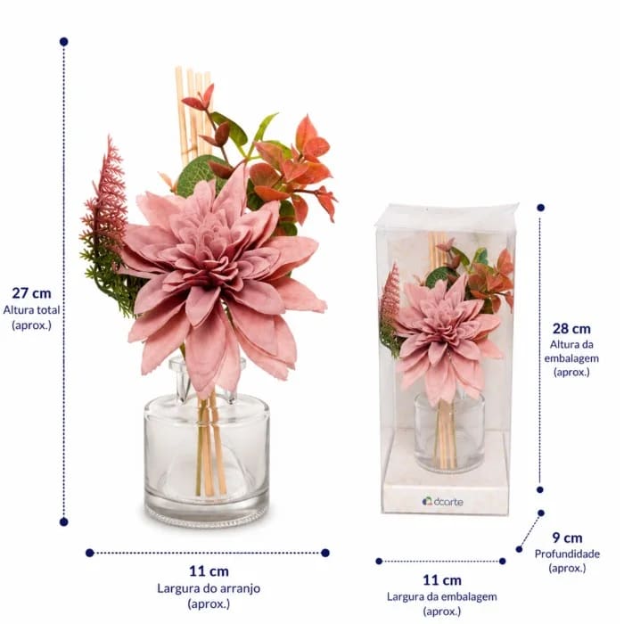 Frasco para Difusor de Vidro 150 ml (Cento e Cinquenta Mililitros) com Varetas e Rosa Decorativa Permanente