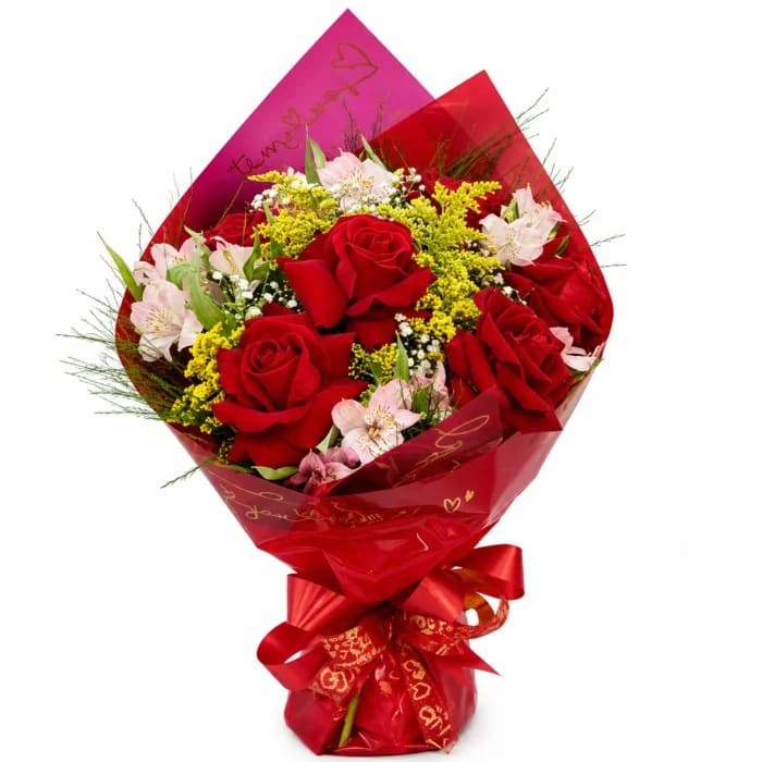 Buquê de Rosas Premium - 6 Rosas Vermelhas com Astromélia, Mosquitinho e Folhagens