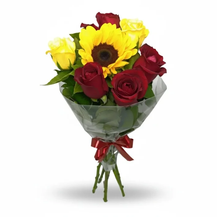 Buquê de 6 Rosas (4 Vermelhas e 2 Amarelas) e 1 Girassol – Beleza Natural