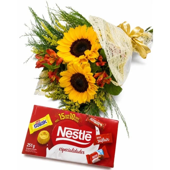 Kit Buquê de Girassol com Caixa de Bombom de Chocolate
