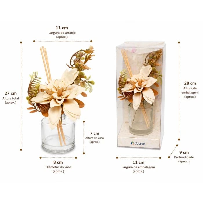 Frasco para Difusor de Vidro 150 ml (Cento e Cinquenta Mililitros) com Varetas e Rosa Decorativa Permanente Bege